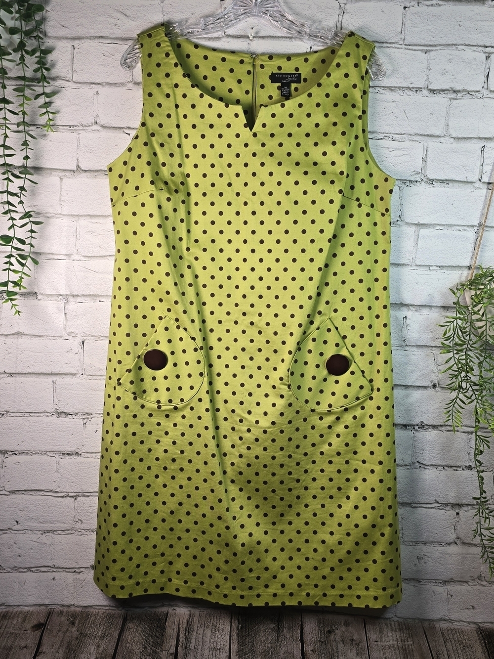 KIM ROGERS LIME GREEN SHIFT DRESS BROWN POLKA DOTS POCKETS SLEEVELESS WOMENS 14